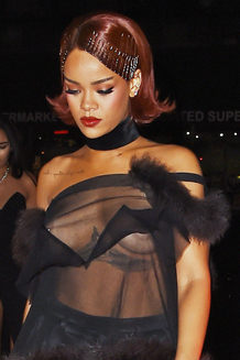Rihanna is a little exposed in a see through top as she arrives at her Met Gala After Party at "Up and Down" in New York City, NY, USA on May 4, 2015. Rihanna goes bold with a sheer top and no bra and her head up high. Photo by GSI/ABACAPRESS.COM  | 498998_005 New York City Etats-Unis United States