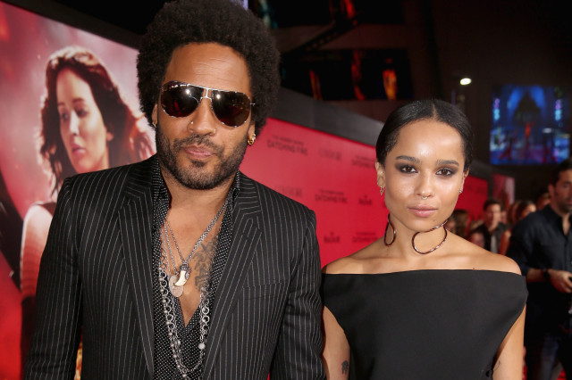 LOS ANGELES, CA - NOVEMBER 18: Actor/musician Lenny Kravitz (L) and daughter Zoe Kravitz attend premiere of Lionsgate's "The Hunger Games: Catching Fire" - Red Carpet at Nokia Theatre L.A. Live on November 18, 2013 in Los Angeles, California. (Photo by Christopher Polk/Getty Images)