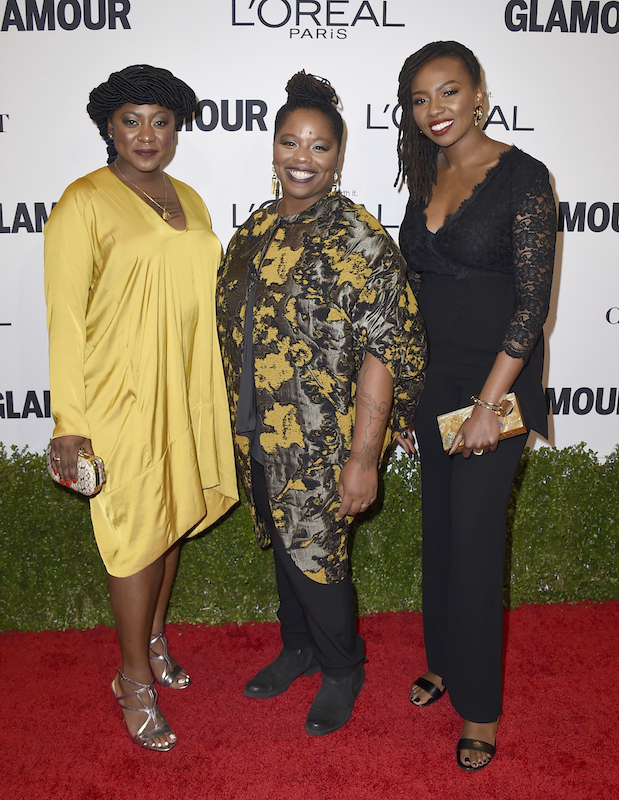 Alicia Garza, from left, Patrisse Cullors and Opal Tometi, co-founders of the Black Lives Matter movement, arrive at the Glamour Women of the Year Awards at NeueHouse Hollywood on Monday, Nov. 14, 2016, in Los Angeles. (Photo by Jordan Strauss/Invision/AP)
